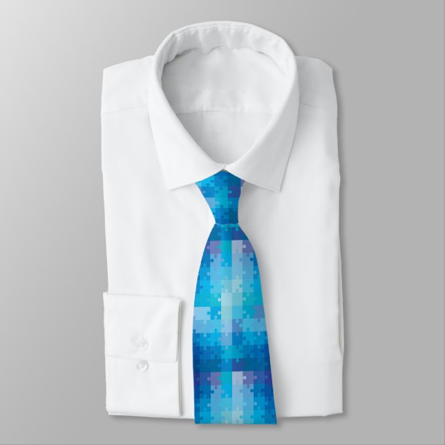 Blue Puzzle Pattern Autism Awareness Tie (Tied)