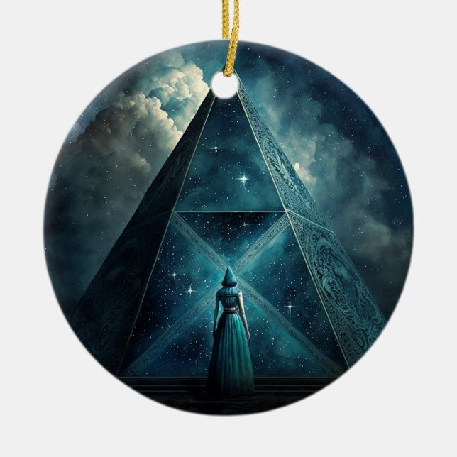 Blue Pyramid Surreal Visionary Art Ceramic Ornament (Front)