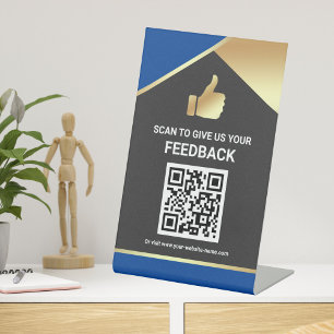 Blue QR Code Customer Feedback Review Table Sign