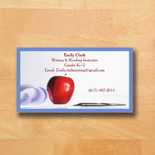 Blue QR Code School Teacher Red Apple   Business Card
