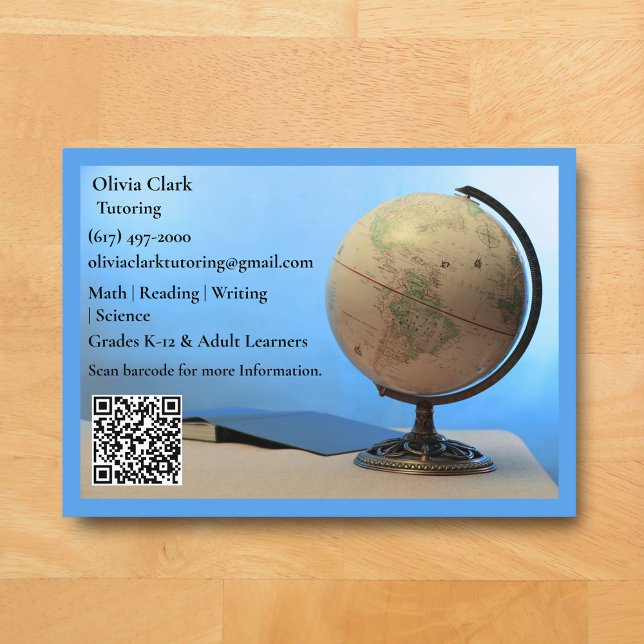 Blue QR Code Tutor Teacher Globe & Book Classroom Business Card (Blue Globe Business Card for Teacher )