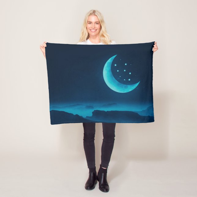 Blue Quarter Moon and Mountains | Fleece Blanket (In Situ)