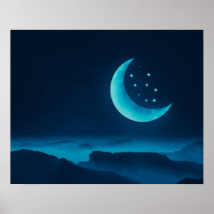 Blue Quarter Moon and Mountains   Poster