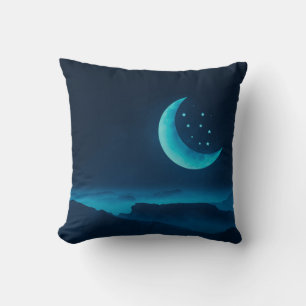 Blue Quarter Moon and Mountains   Throw Pillow