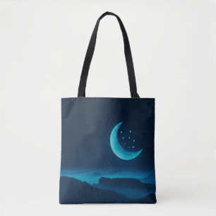 Blue Quarter Moon and Mountains Tote Bag