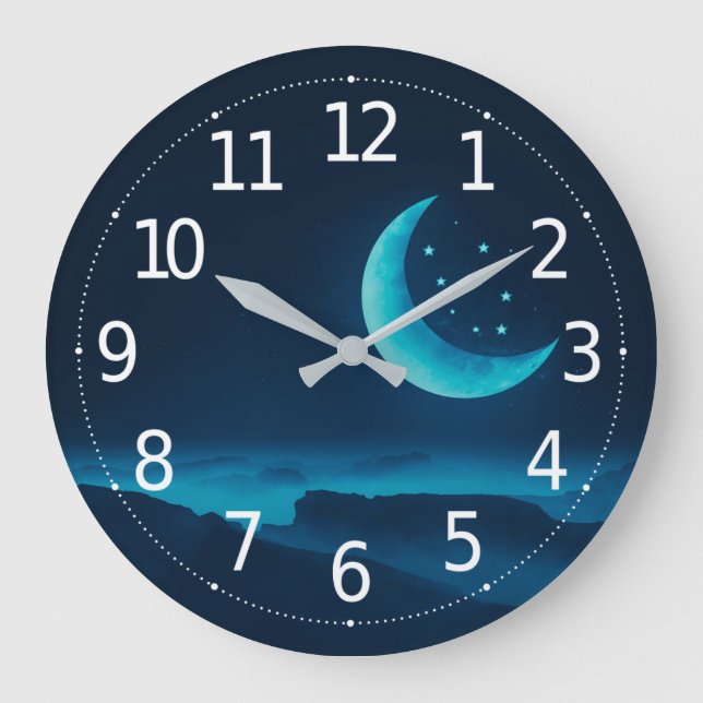Blue Quarter Moon and Mountains | Wall Clock (Front)