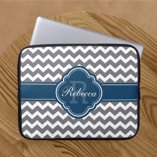 Blue Quatrefoil Monogram Grey Chevron Pattern Laptop Sleeve