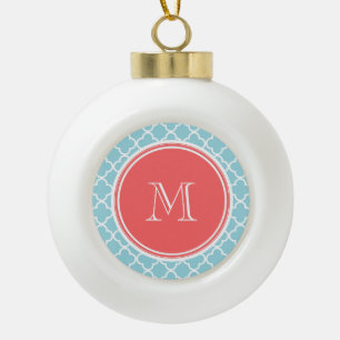 Blue Quatrefoil Pattern, Coral Monogram Ceramic Ball Christmas Ornament