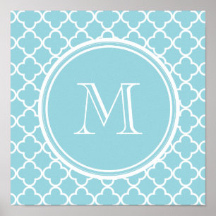 Blue Quatrefoil Pattern, Your Monogram Poster