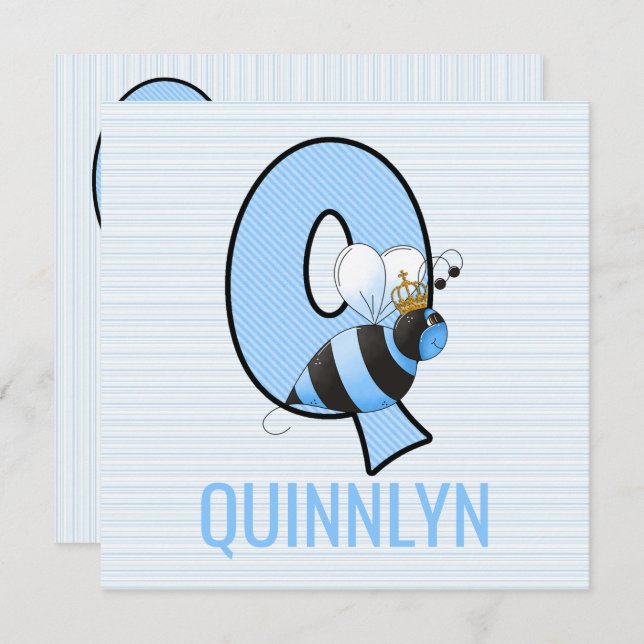 Blue Queen Bee Letter Q Kids Birthday Party Invitation (Front/Back)