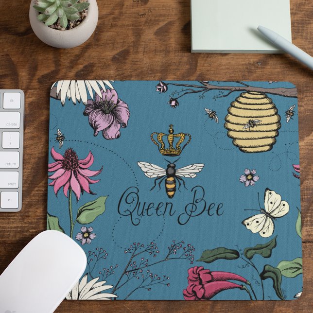Blue Queen Bee Royal Crown Floral Pattern Mouse Pad (Blue Queen Bee Royal Crown Floral Pattern with Queen Bee, Crown, Exotic flowers, bees, beehive)
