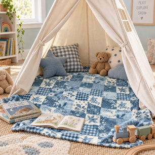 Blue Quilt Patchwork Gingham Cottagecore Floral Fleece Blanket