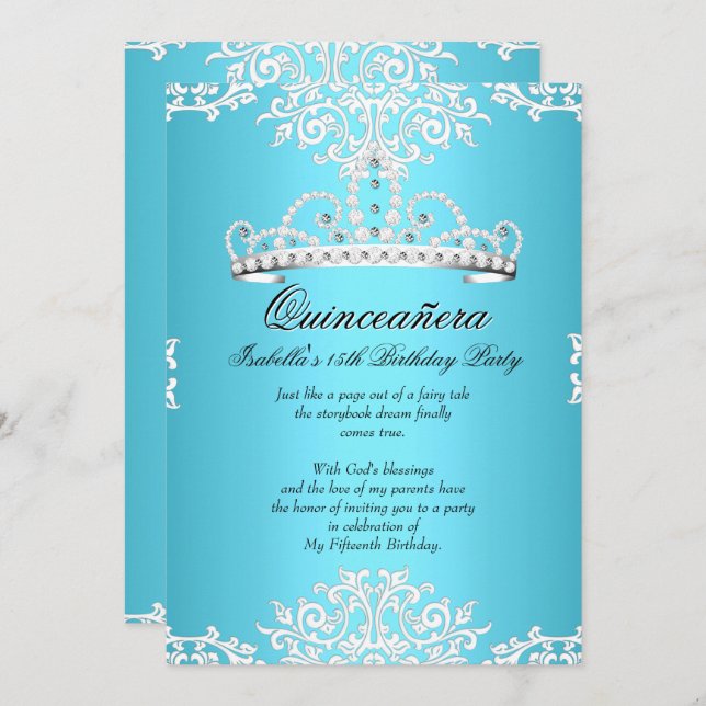 Blue Quinceanera 15th Birthday Party Tiara 3 Invitation (Front/Back)