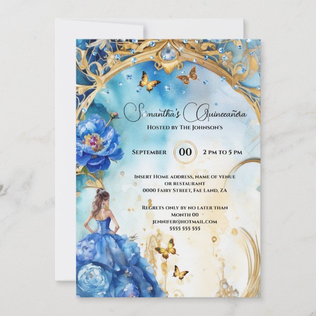 Blue Quinceañera ballgown glitter butterfly Invitation (Front)