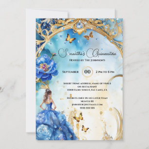 Blue Quinceañera ballgown glitter butterfly Invitation