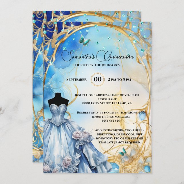 Blue Quinceañera butterfly flowers floral quince  Invitation (Front/Back)