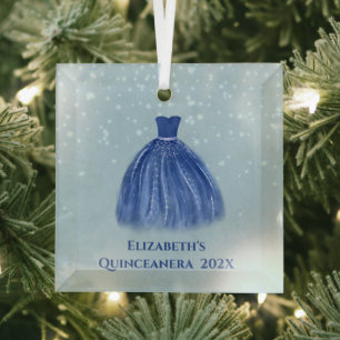 Blue Quinceanera Dress on Starry Blue with Name   Glass Tree Decoration