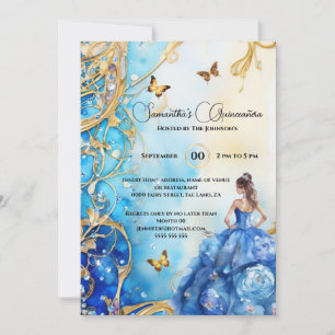 Blue Quinceañera glitter ballgown butterfly floral Invitation