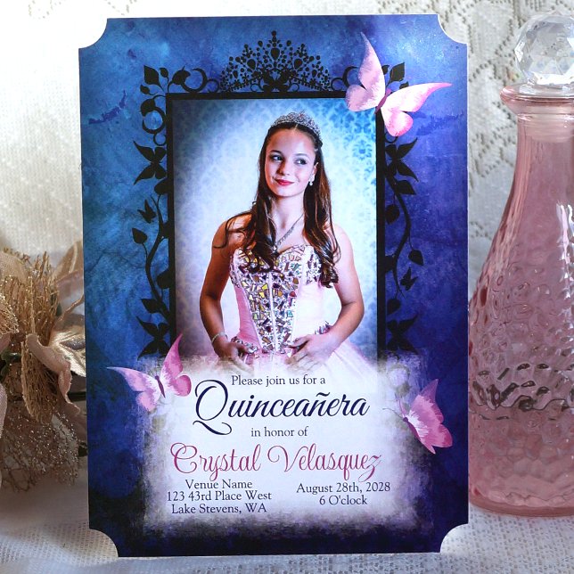 Blue Quinceanera Invitation, Pink Butterflies Invitation (Pink Quinceanera dress, royal blue frame, Pink butterflies, pink and blue quinceanera invitations)