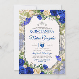 Blue Quinceañera Silver Crown Butterfly 15 Anos Invitation