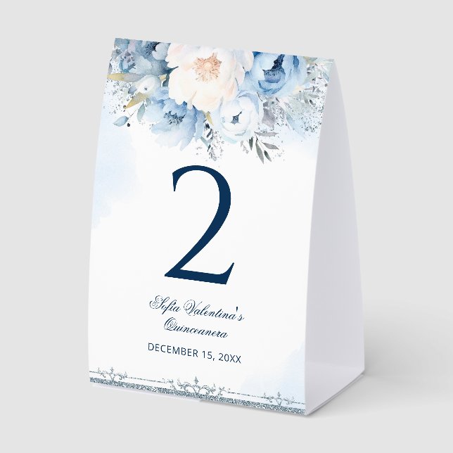 Blue Quinceañera Table numbers Paper Table Tent (Front)