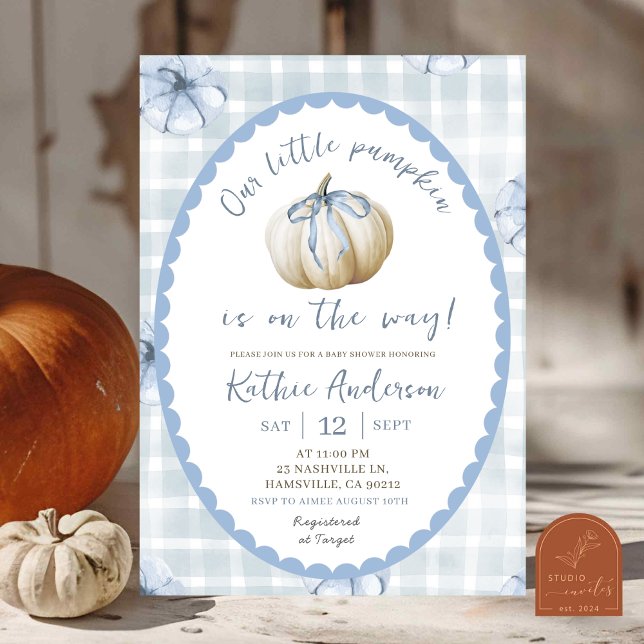 Blue Quirky Gingham Pumpkin Baby Shower Invitation (Creator Uploaded)