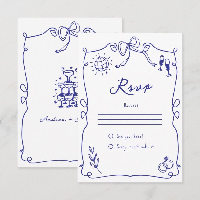 Blue Quirky Whimsical Quirky Hand drawn Wedding RSVP Card (Front/Back)