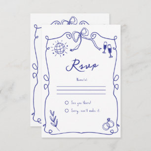 Blue Quirky Whimsical Quirky Hand drawn Wedding RSVP Card