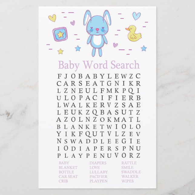 Blue Rabbit Baby Shower Word Search Game (Front)