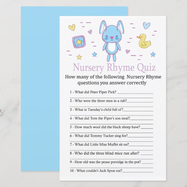 Blue Rabbit Nursery Rhyme Quiz baby shower game (Front/Back)