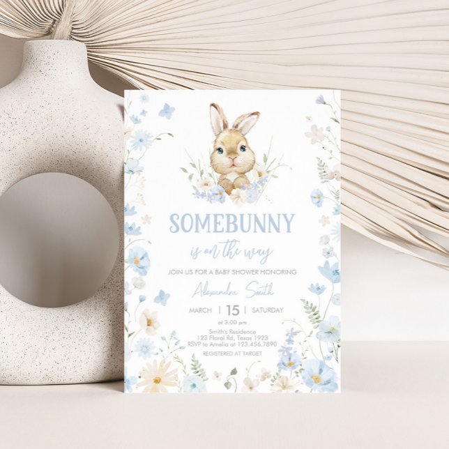 Blue Rabbit Somebunny Baby Shower Invitation (Blue Somebunny Rabbit Baby Shower Invitation)
