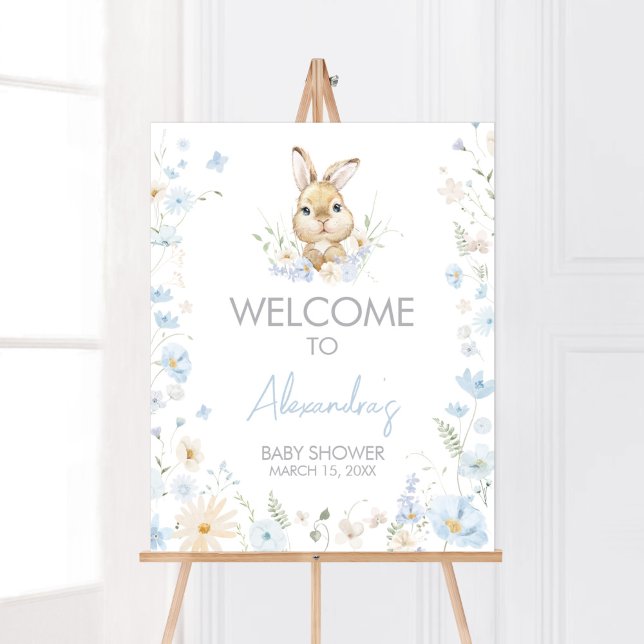 Blue Rabbit Somebunny Baby Shower Welcome Poster (Blue Somebunny Rabbit Baby Shower Welcome Sign)