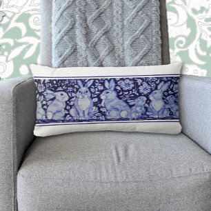 Blue Rabbit Woodland Bird Bunny Delft Dedham Lumbar Cushion
