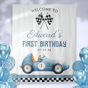 Blue Race Car 1st Birthday Photo Backdrop Tapestry