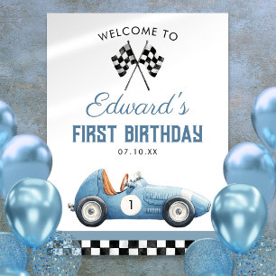 Blue Race Car 1st Birthday Welcome Sign