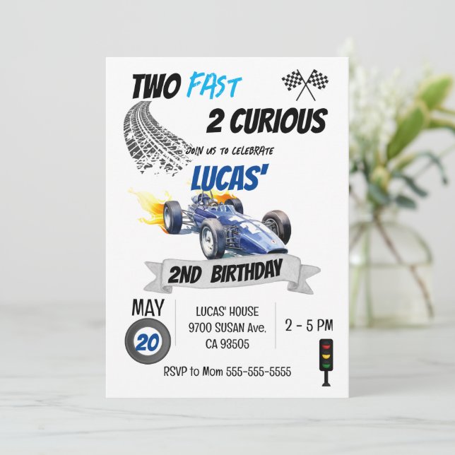 Blue Race Car 2nd Birthday Two Fast 2 Curious Boy  Invitation (Standing Front)