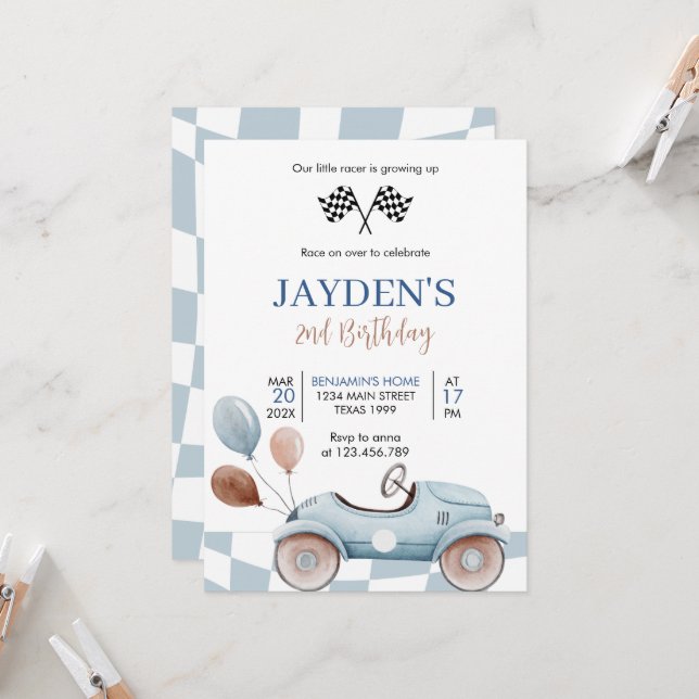 Blue Race Car 2nd Racing Two Fast Birthday Invitation (Front/Back In Situ)