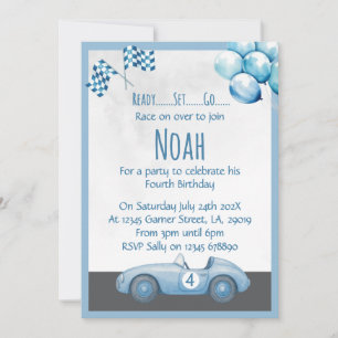 Blue Race Car 4th Birthday Party Invitation