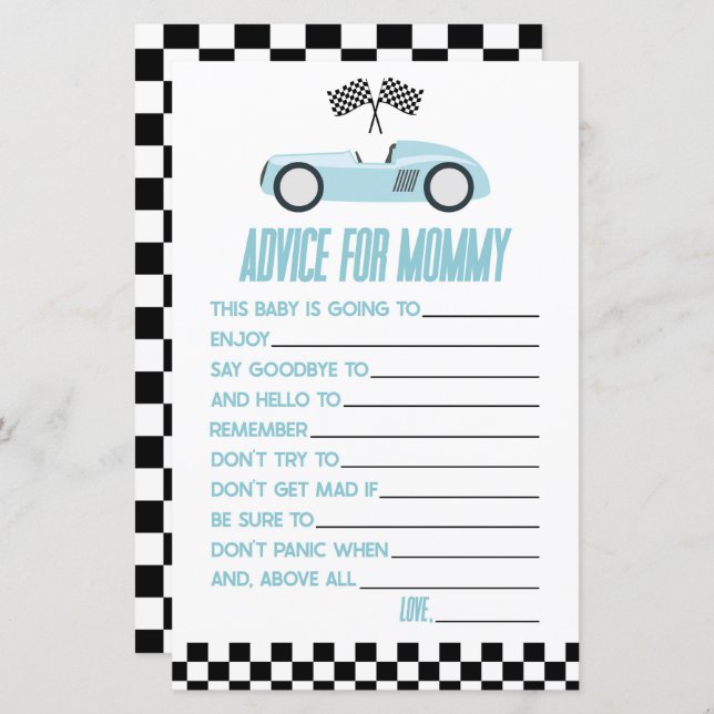 Blue Race Car Advice Baby Shower Game Activity (Front/Back)