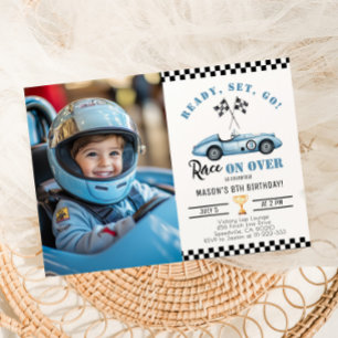 Blue Race Car Any age Boy Photo Birthday Invitation