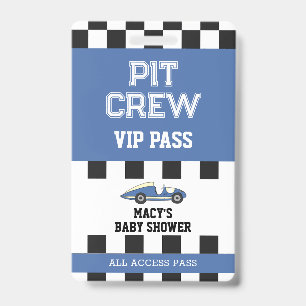 Blue Race Car Baby Shower Party Pit Crew VIP Pass ID Badge