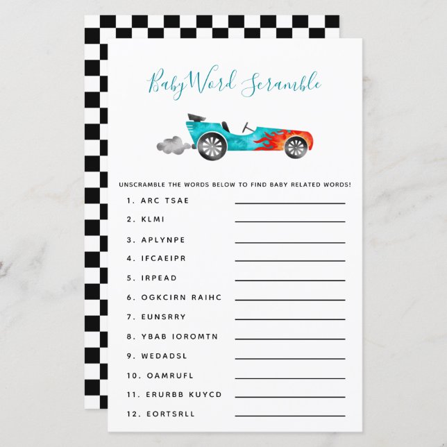 Blue Race Car Baby Word Scramble Game (Front/Back)
