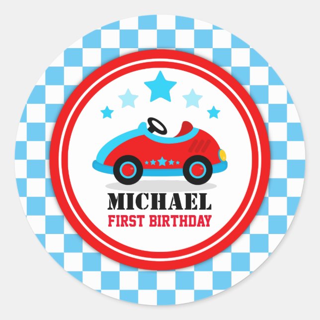 Blue Race Car Birthday Baby Shower Party Classic Round Sticker (Front)