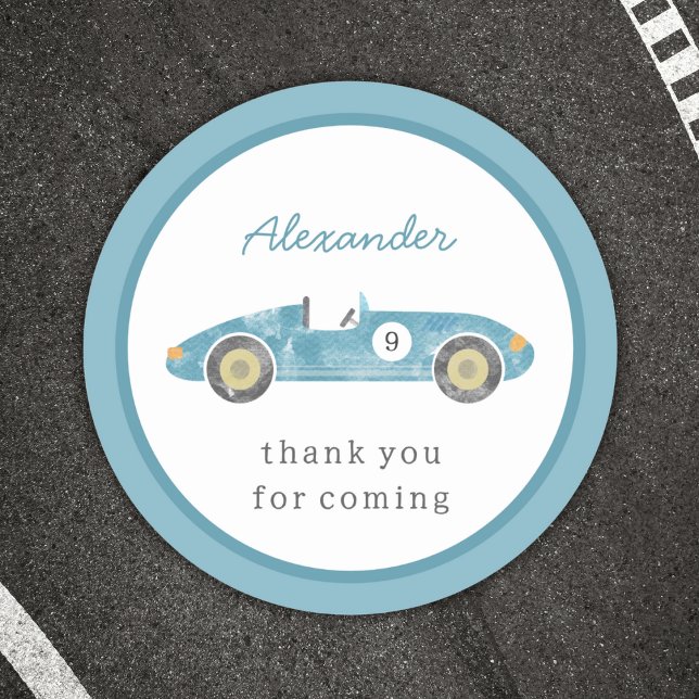 Blue race car birthday classic round sticker (Creator Uploaded)