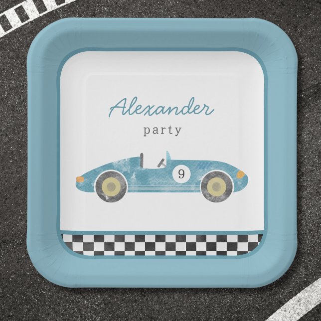 Blue race car birthday invitation paper plate (Creator Uploaded)