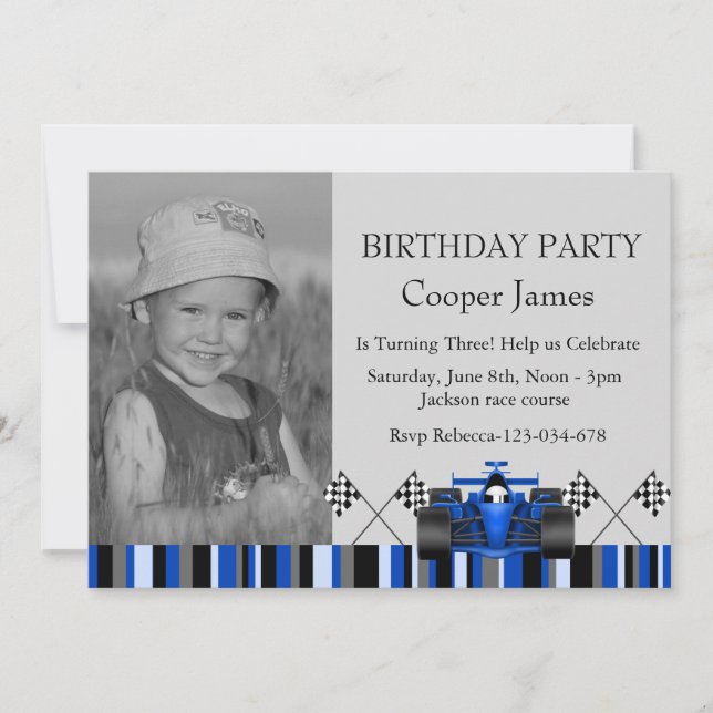 Blue Race Car Birthday Invite (Front)