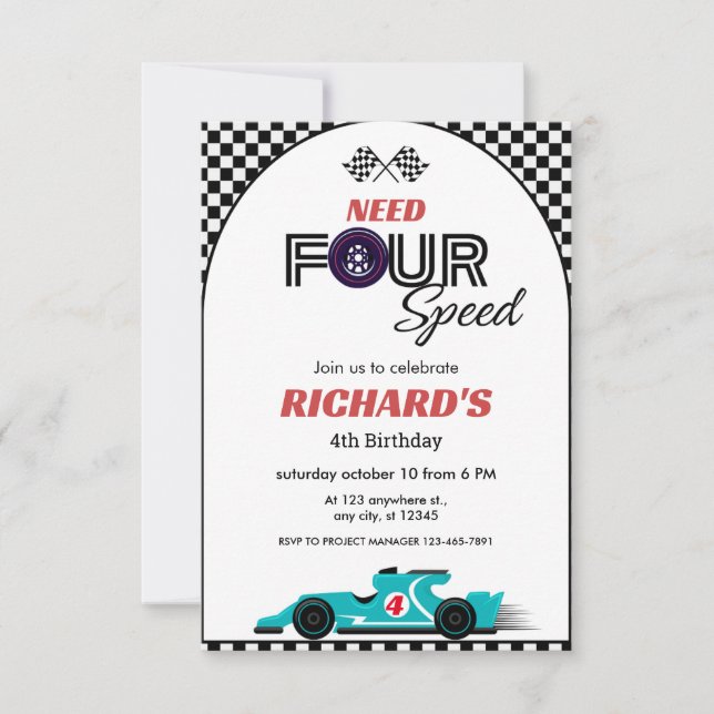 Blue Race Car Birthday | Need Four Speed Invitation (Front)