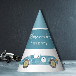 Blue race car birthday party hat