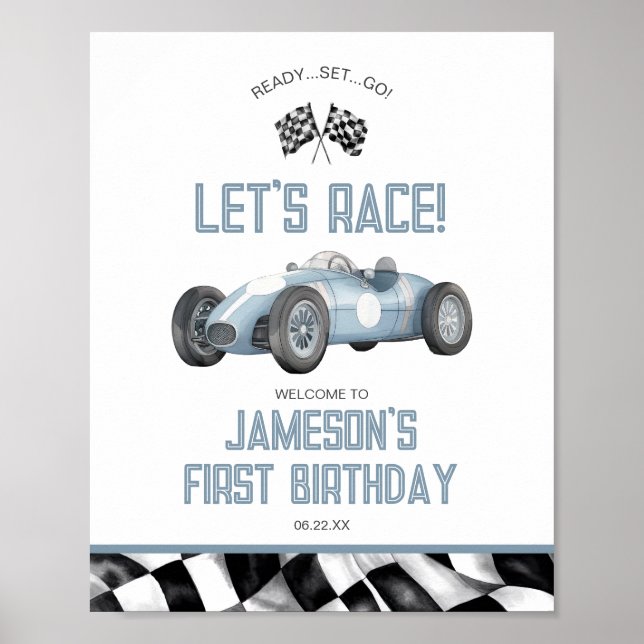 Blue Race Car Birthday Party Welcome Sign (Front)