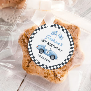 Blue Race Car Boy 1st Birthday Classic Round Sticker